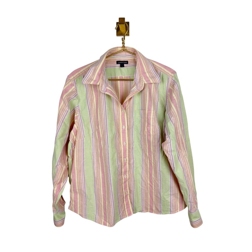 Lands End Pink Green Striped Button Down Long Sleeve Cotton Shirt Sz XL